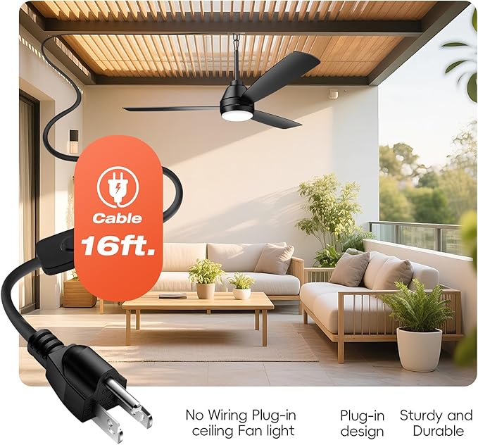 PBLALA 52" Outdoor Ceiling Fans with Lights,Plug in Ceiling Fan Light,Gazebo Fan Light,Hanging with Hook,50W,3CCT,App&Remote Control,6-Speeds,DC Motor,Portable Fan for Patios,Pergola