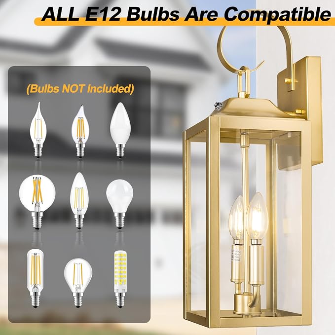 19" Dusk to Dawn Outdoor Wall Lantern 2-Light, Gold Outdoor Wall Lights | Large Waterproof Exterior Lighting Fixtures, Farmhouse Porch Light Modern Outdoor Sconce Light for House Garage Patio, 1-Pack