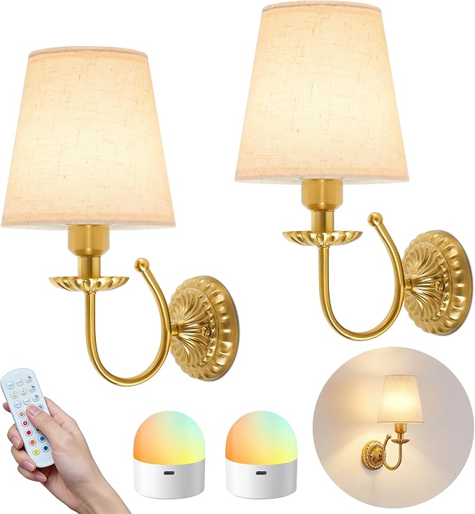 Wireless Wall Sconces Set of Two 14"H, 5300mAh Battery Operated Wall Sconce, Rechargeable Bulbs with Remote, 15 Colors Dimmable Wall Sconces with Fabric Shade for Bedroom Living Room(Brushed Gold)