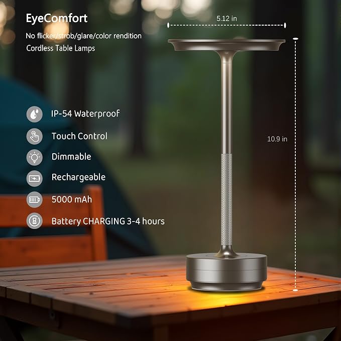 UdoUto 2-Pack Cordless Table Lamps Rechargeable, Silver | 5000mAh Battery Operated, LED Table Light, Touch Stepless Dimming, Portable Metal Outdoor Lamps