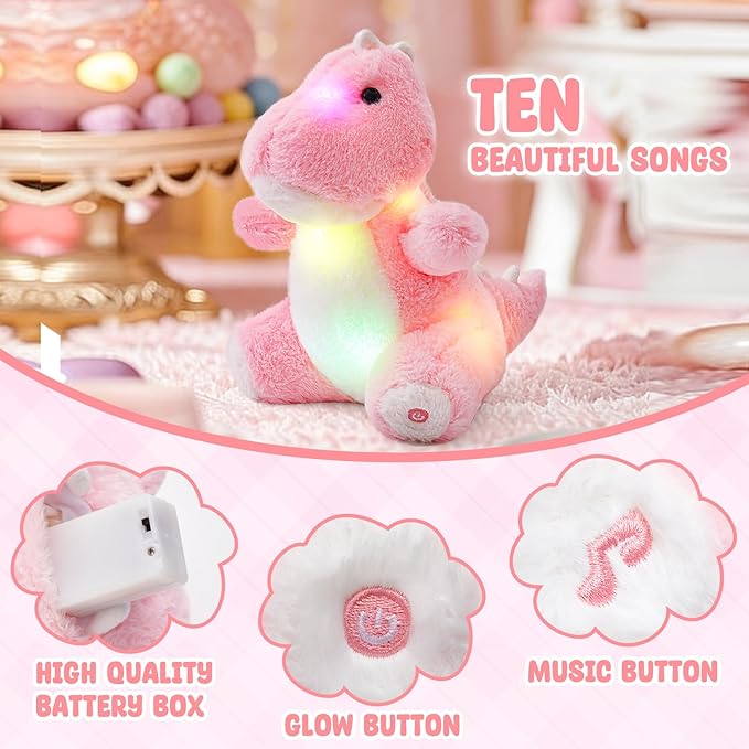 Glow Guards 12'' Light up Music Dinosaur Stuffed Animal, LED Soft Dinosaur Plush Toy with Magic Night Lights&Lullaby, Birthday Children's Day for Toddler Kids (Pink, Music)