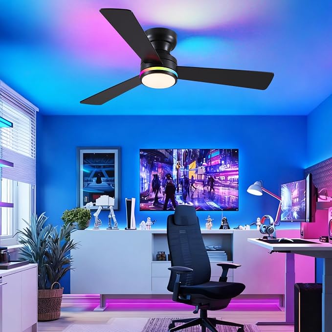 46" 3-Blade Black Low Profile RGB Ceiling Fan with Light and Remote/APP | 11 RGB Modes,Reversible 6 Wind Speeds,Dimmable 3 CCT LED, 25W Quiet DC Motor,Timer,3 Double-Sided Blades,for Bedroom Party