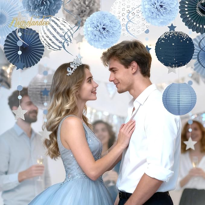 19Pcs Dusty Blue Party Decorations, Hanging Paper Lanterns Fans Tissue Flower Pom Poms Swirls for Wedding, Birthday, Something Blue Bridal Shower Bachelorette Party Baby Shower Decorations