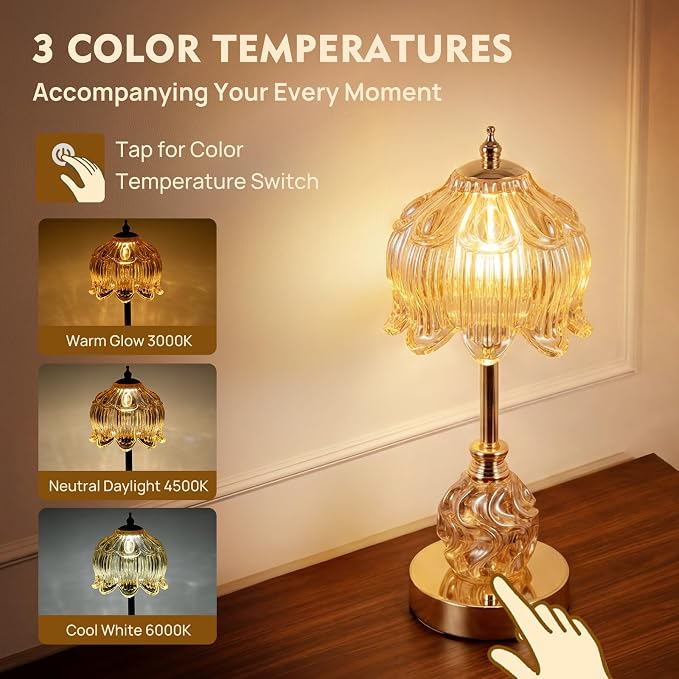 Flower Battery Operated Rechargeable Lamp Cordless, Lily, Amber | Small, Vintage, Gold, Wireless, LED, Dimmable, Table, Home Decor, Bedroom, Bedside, Nightstand, Birthday Gifts for Women