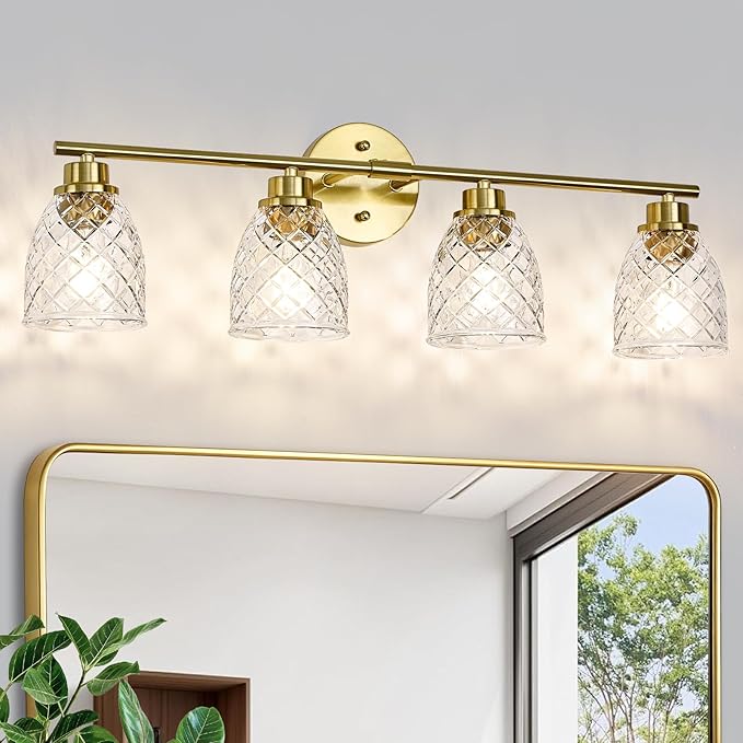 4-Light Vanity Light Over Mirror, Brushed Gold Bathroom Light Fixtures | Modern Farmhouse Wall Sconces with Hammered Glass Lampshade for Kitchen Hallway Bedroom Living Room Cabinet Porch-27.5IN