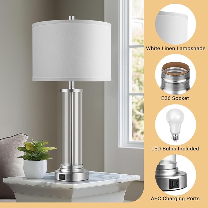 QiMH Touch Control Table Lamps Set of 2 with USB A+C Ports, 3-Way Dimmable Bedside Lamp for Living Room Bedroom House, Modern Nightstand Lamp with 2 LED Bulbs | 2 Dimmable LED Bulbs, USB A+C Charging Ports, Modern Silver Glass Lampshade, Seamless Dimmi...