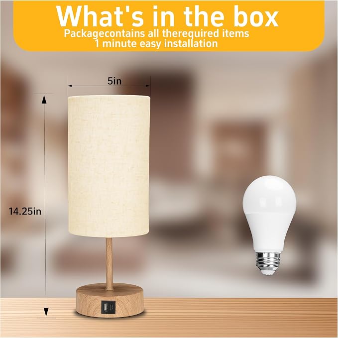 Bedside Table Lamp for Bedroom - 3 Way Dimmable Touch Lamp USB C Charging Ports and AC Outlet, Wood Base Round Flaxen Fabric Shade for Living Room, Desk,E26 Bulb Included