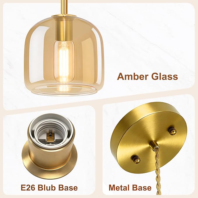 Pendant Lights Kitchen Island-Gold Pendant Light,Farmhouse Brass Hanging Lights with Amber Glass Shade, Adjustable Pendant Light for Dining Room,Kitchen Island,Living Room,Bar&Coffee Shop