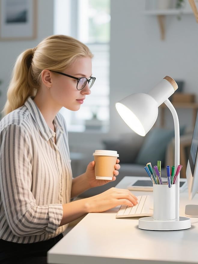 Desk Lamp, LED Desk Lamps for Home Office, 3 Color Modes Eye-Caring Reading Light, Flexible Gooseneck Desk Light with Pen Holder, Table Lamp for Bedroom Bedside College Dorm Study Room (White lamp)