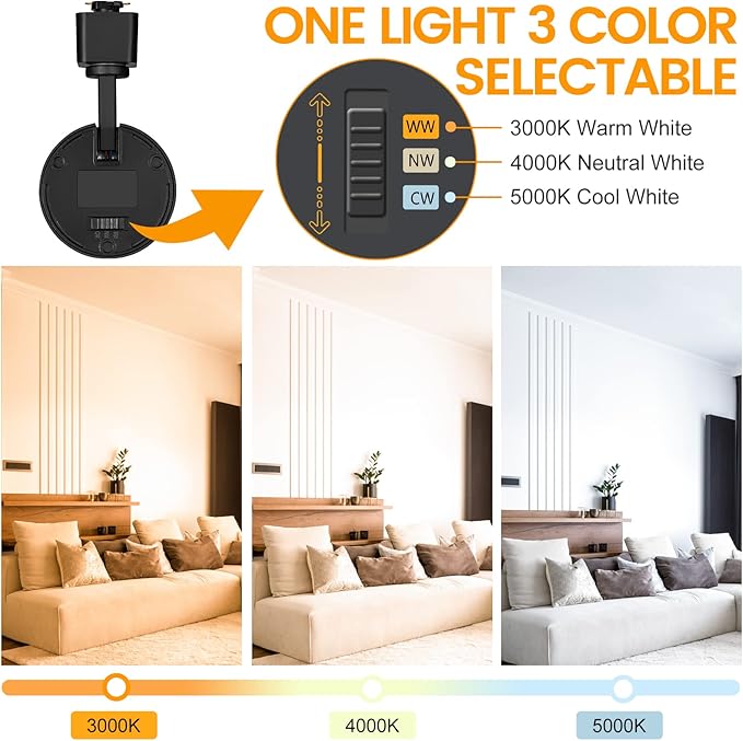 VANoopee 3-Color 20W J Type Track Lighting Heads Dimmable Bright LED Track Lighting Fixtures for Accent Task Ceiling Track Light Pack of 3-3000K 4000K 5000K Flicker Free CRI90+ 36° 2000lm Black