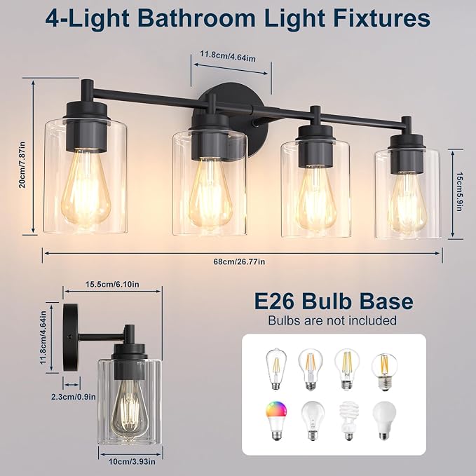 4-Light Bathroom Light Fixtures, Matte Black Modern Vanity Light with Clear Glass Shades, Bathroom Sconce for Mirror Living Room Cabinet Bedroom Porch,E26 Base(Bulbs Not Included)