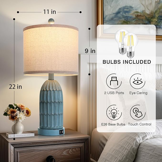 Coastal Table Bedside Lamps Set of 2, Farmhouse 3-Way Dimmable Touch Nightstand Lamp with 2 USB Charging Ports, Vintage Bedside Lamp for Bedroom Living Room End Table Retro Blue
