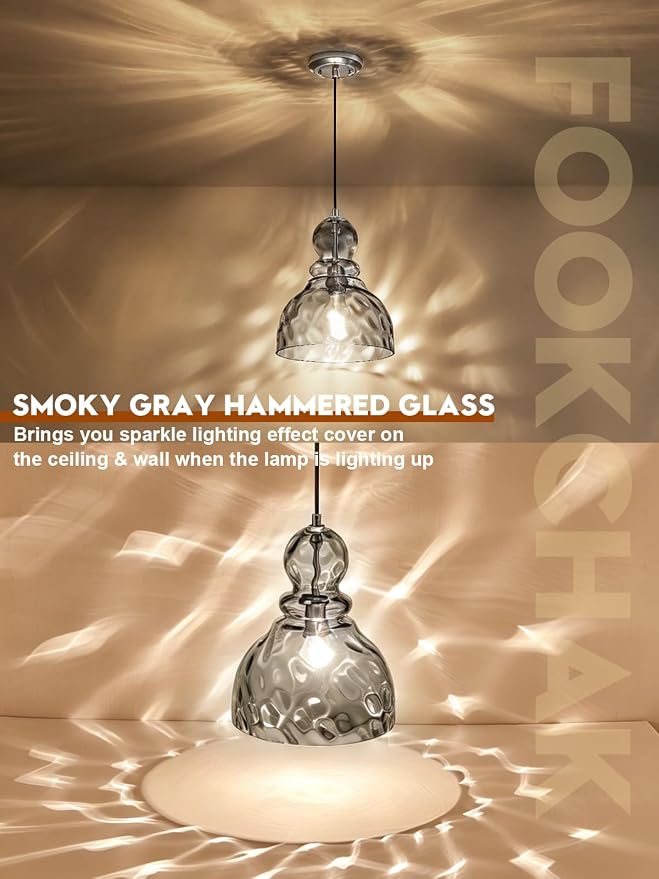 Hammered Glass Pendant Light Smoked Grey Kitchen Island Lights 10in Large Chrome Pendant Hanging Light for Dining Room Kitchen Sink Hallway Entrance, E26