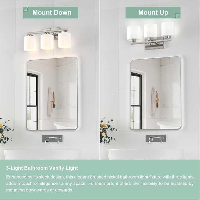 Honesorn Bathroom Light Fixtures Brushed Nickel, 3-Light Vanity Lights | Bathroom Vanity Light with Frosted Shades, Modern Bathroom Lights Over Mirror, Anti-Rust, E26 Socket (Bulbs Not Included)