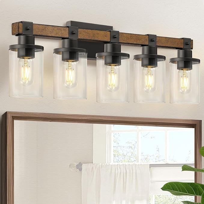5-Light Bathroom Light Fixture, Farmhouse Vanity Lights for Bathroom with Glass Shade, Rustic Bathroom Light Fixtures, E26 Base F10BD05W1