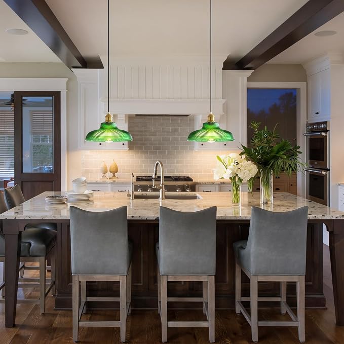 XZHGCEE Plug in Pendant Light: Hanging Light Plug in Green Glass Hanging Lamp, Pendant Lighting for Kitchen Island, Bedroom, Dining Room, Living Room, No Bulb