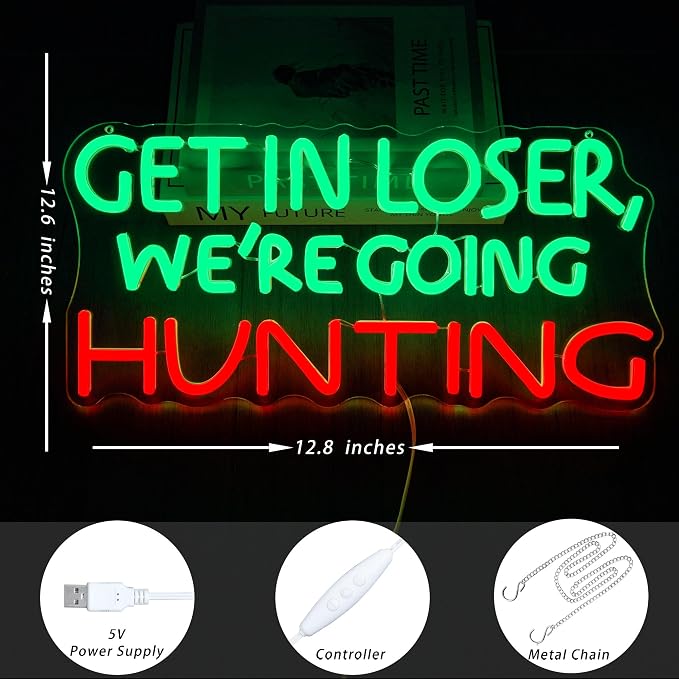 Funny Hunting Neon Sign - LED Light for Man Cave Garage, Country Outdoor Decor, Deer Hunter Wall Art Gift for Guys, Dimmable USB Powered(16.9 * 7.5inch)