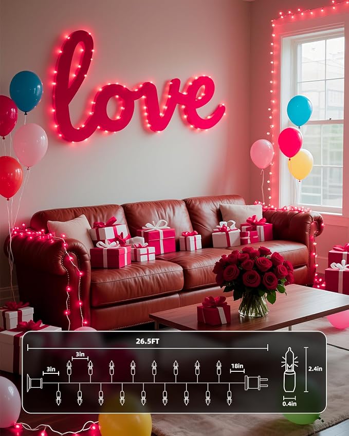 Brightown Pink Mini String Lights, 100-Count 26.5ft Incandescent Bulb Valentine's Day Fairy Lights for Indoor Holiday Decoration, Christmas Tree Garland Wedding Party Multi-Use Decor, White Wire