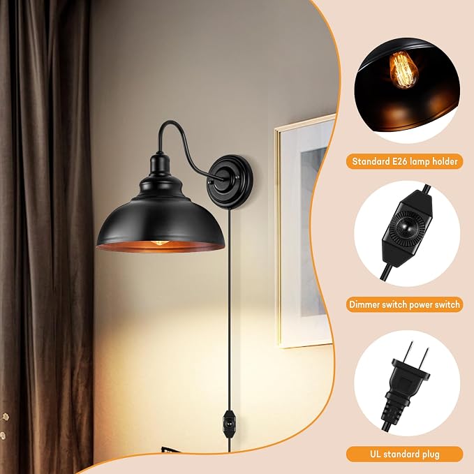 Lightess Plug in Wall Sconce with Dimmable Switch Black Barn Wall Lamp | Flexible Gooseneck Plug In Dimmable Wall Light Rustic Industrial Farmhouse Style For Multiple Indoor Home Decor Spaces