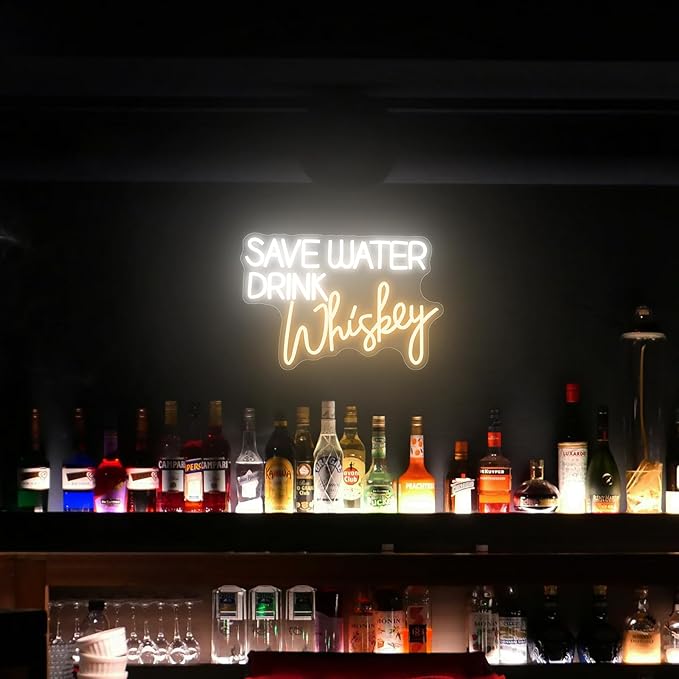 Save Water Drink Whiskey Neon Sign, Neon Signs for Wall Decor, Dimmable Led Signs for Bedroom, Light Up Signs for Home Bar Man Cave Pub Restaurant Bistro Club Birthday Party Decorations Gifts