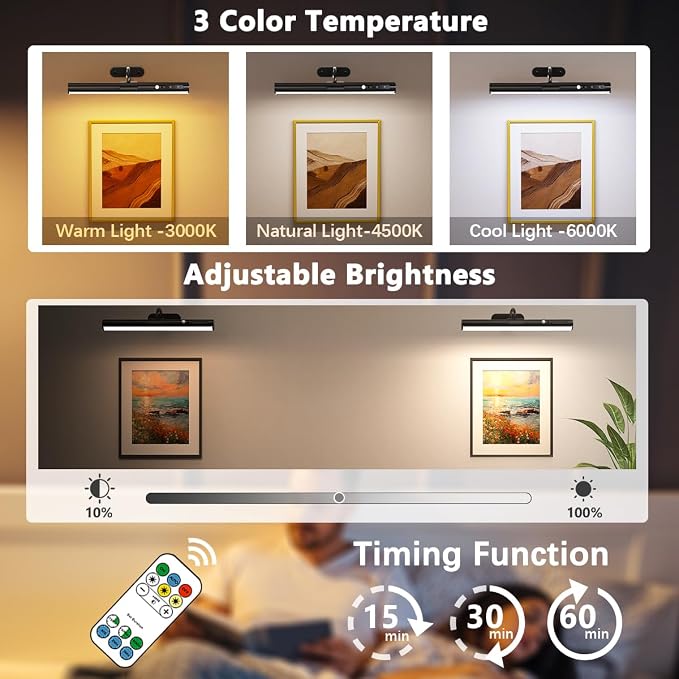 Hapfish Motion Sensor Battery Operated Wall Sconce,Wireless Picture Lights | Rechargeable Magnetic Art Lighting with Remote Control, Battery Picture Light for Wall Poster Dartboard Mirror - Black