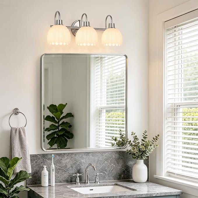 Bathroom Light Fixtures, 3-Light Brushed Nickel Bathroom Vanity Light Over Mirror with White Tulip Glass Shades, Vanity Light Fixture for Bedroom, Living Room & Hallway (Bulbs Not Included)