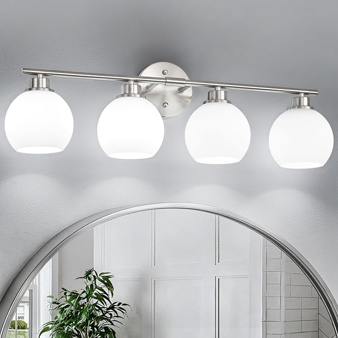 Brushed Nickel Bathroom Light Fixtures, 4-Light Vanity Light Over Mirror | Modern Bathroom Lighting Over Mirror, Wall Sconces, Milky White Globe Glass Shades, E26 Socket,ETL Listed