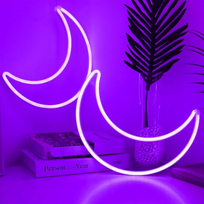 LED Purple Moon Neon Sign Light, Battery or USB Powered 5V Cute Room Decor | Art Decorative Night Lights Halloween Decorations for Girls, Window, Wall, Home, Bedroom, Office, Dorm, Party, Wedding