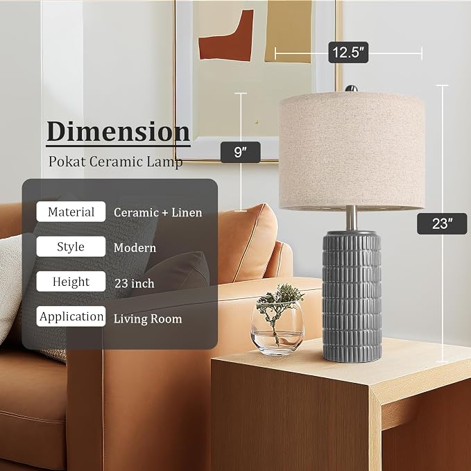 PoKat 23" Ceramic Dark Gray Table Lamps Set of 2 for Living Room, Modern Bedside Lamps for Bedroom, Farmhouse Nightstand Lamp for Home Office Guest Room Sideboard Entryway Decor Gifts