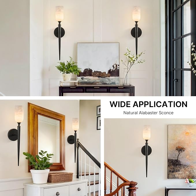 21.6" Alabaster Sconces Set of 2, Antique Oil Rubbed Bronze Brass | Natural Spanish Alabaster, Handcrafted Solid Brass, Refined Material Pairing, Unique Marble Veining, Refined Vintage Style