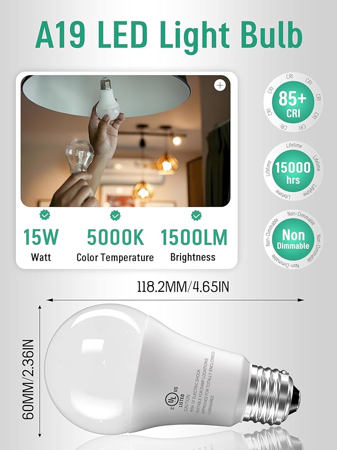 24 Pack LED Light Bulbs 100 Watt Equivalent, A19 15W 5000K Daylight White, 1500 Lumens Super Bright White Light, E26 Standard No Flicker Energy Saving Lamp Bulb for Home, Bedroom, Office, Non-Dimmable