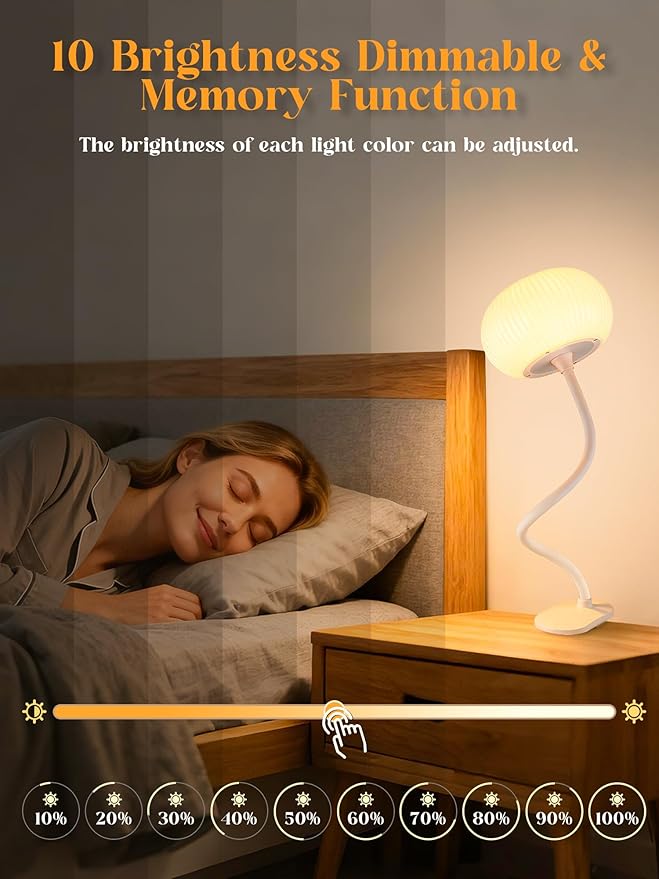 Clip on Light,10 RGB Colors & Warm White Desk Lamp with Clamp,10 Brightness Level Reading Light,Bedside Lamps,USB Adapter Clip on Lamp Suitable for Bedroom/Headboard/Bed/Bedside
