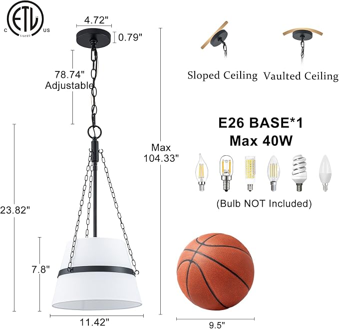 11.4" Black Drum Pendant Light for Kitchen Island, White Linen Fabric Shade | Modern Transitional, Cone Shape, 3 Side Chains, 1-Light, Breakfast Nook, Reading Corner, Adjustable Height 11.42"W x 23.82"H