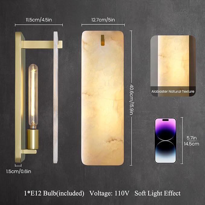 Rectangular Alabaster Wall Sconce 16 Inch, Natural Spanish Stone Brass Gold Wall Light, Modern Marble Sconces Dimmable E12 Hardwired Bathroom Vanity Light Fixture for Mirror, Bedroom, Hallway(1 Pcs)