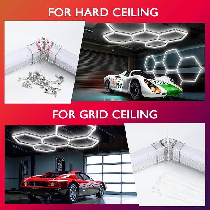 LED Hexagon Garage Lights, 24 Pack Car Garage Light Tubes, 192W, 23040LM, 6500K Super Bright, 5 Grid Systems Car Detailing LED Hex Light for Warehouse Workshop Basement Gym