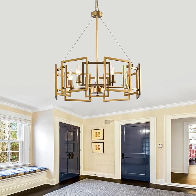 ZGLAOJT Modern Chandelier Gold Geometric Pendant Lighting Fixture 5-Light Metal Farmhouse Chandelier for Dining Room Living Room entryway Kitchen Bedroom Island