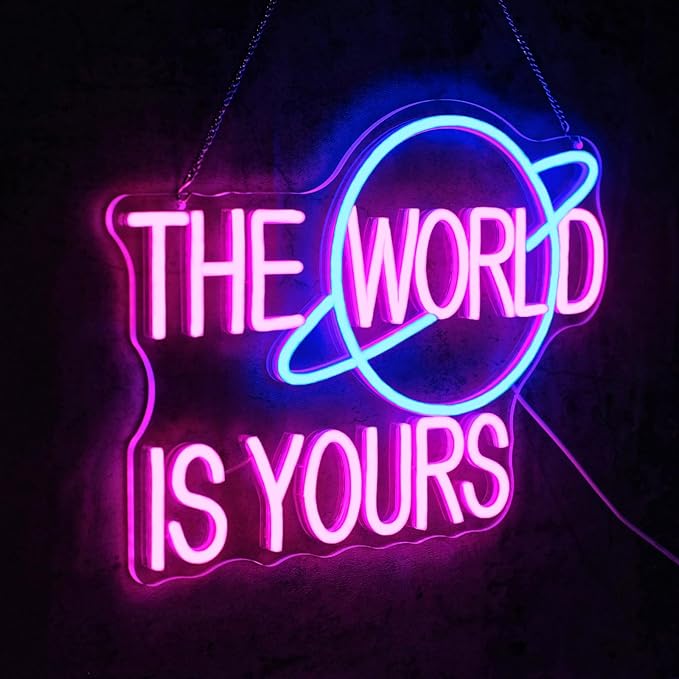 The World is Yours Neon Sign for Wall Decor Dimmable Pink Led Lights Signs for Bedroom Letters Neon Light for Office Game Room Man Cave Graduation Party Wedding Decor Birthday Gift for Girl