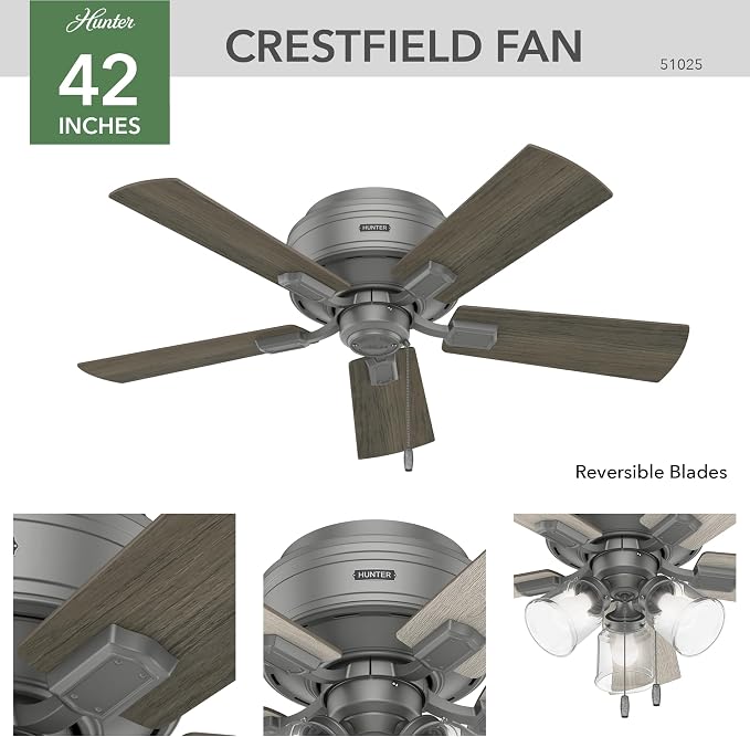 Hunter Crestfield, Indoor, Ceiling Fan, Quiet, 42 inch, Matte Silver | with LED Lights and Pull Chain, Low Profile Flush Mount, 5 Blades, For Bedroom, Living Room, Kitchen, 51025