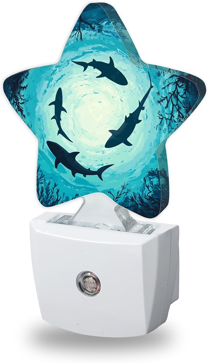 Night Lights Plug Into Wall Decorative,Shark Nightlights for Kids Bedroom, Green Ocean Energy Efficient Dusk-to-Dawn Sensor Sleep Friendly Lamp for Nursery Bathroom