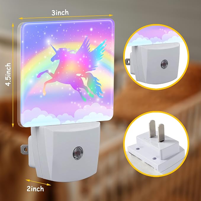 Rainbow with Winged Unicorn Night Light for Kids Girls Boys,Fantasy Stars Clouds LED Night Light Plug into Wall with Dusk to Dawn Sensor for Room Decor,Hallway,Kitchen,Bathroom,Nursery,Stairs