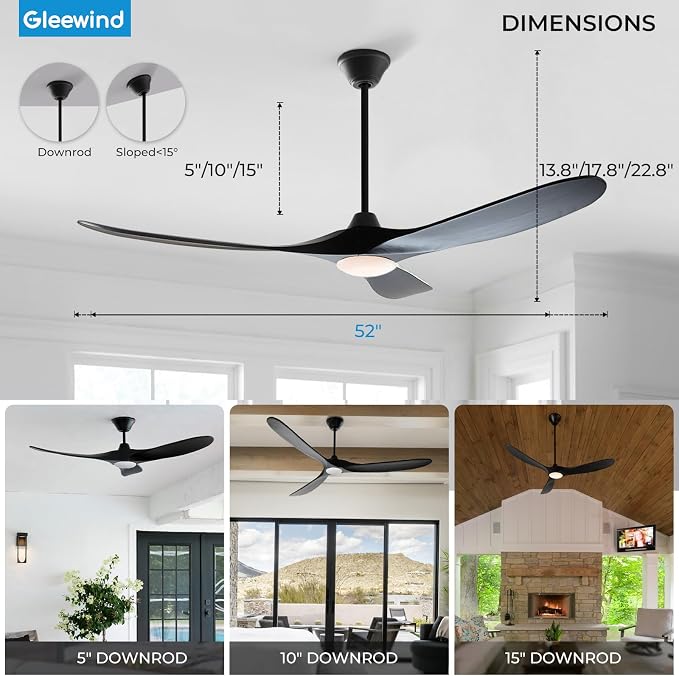 Outdoor Ceiling Fans with Lights-Glass Lamp, 52 inch Damp Rated Wood Propeller Blades for Patios & Porch, Smart APP and Remote Control, 3 Blades Dimmable LED Ceiling Fans, High CFM 6 Speed-Black