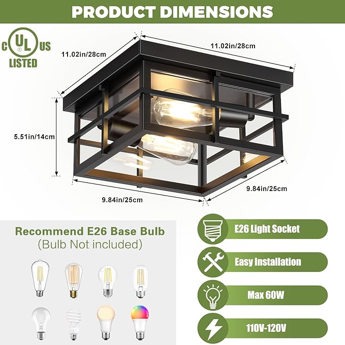 Asnxcju 2-Light Black Flush Mount Ceiling Light, Farmhouse Kitchen Lighting Fixtures with Clear Glass, Outdoor Porch Lights Ceiling Mount, Square Hallway Light Fixtures for Bedroom Living Room Balcony