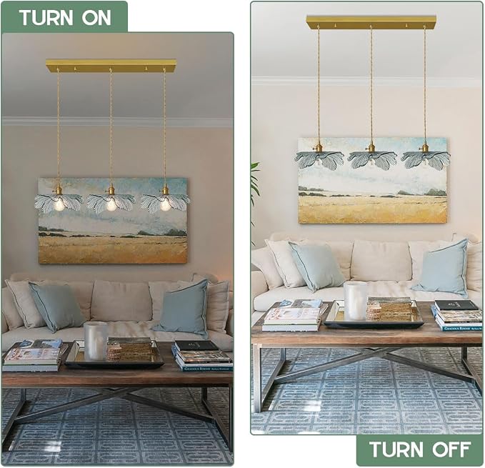 3-Light Mid Century Chandelier Dark Green Leaf Glass for Kitchen | Vintage cluster Pendant Light Fixtures, Hanging Lamp, E26 Gold Brass , flush mount Adjustable 59" For Dining room Bathroom