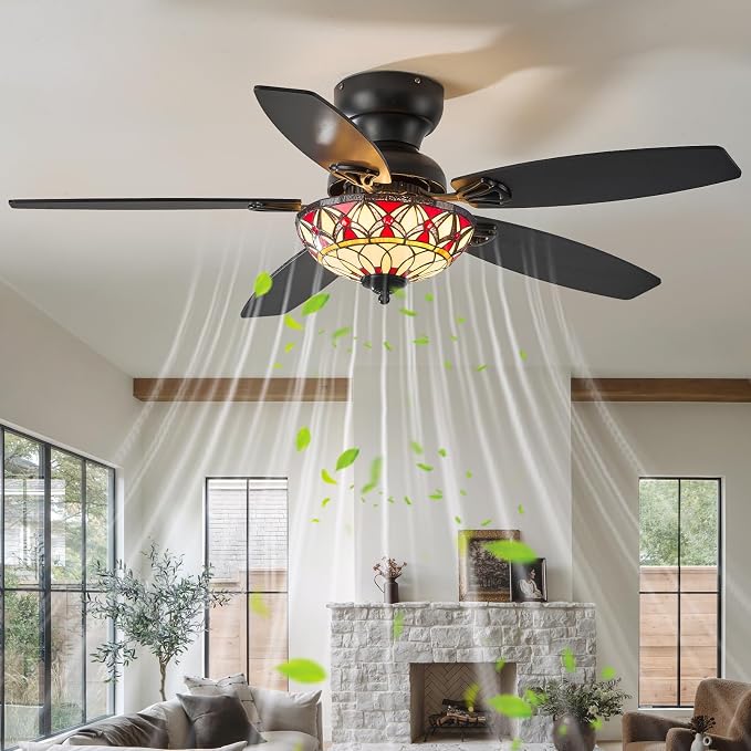Tiffany Ceiling Fans with Lights-48"Ceiling Fan Chandelier and Glass Shade | 48" Ceiling Fan Chandelier with 5 Dual-Blades and Glass Shade, 6 Speeds and Reversible, Indoor and Outdoor, Retro Style