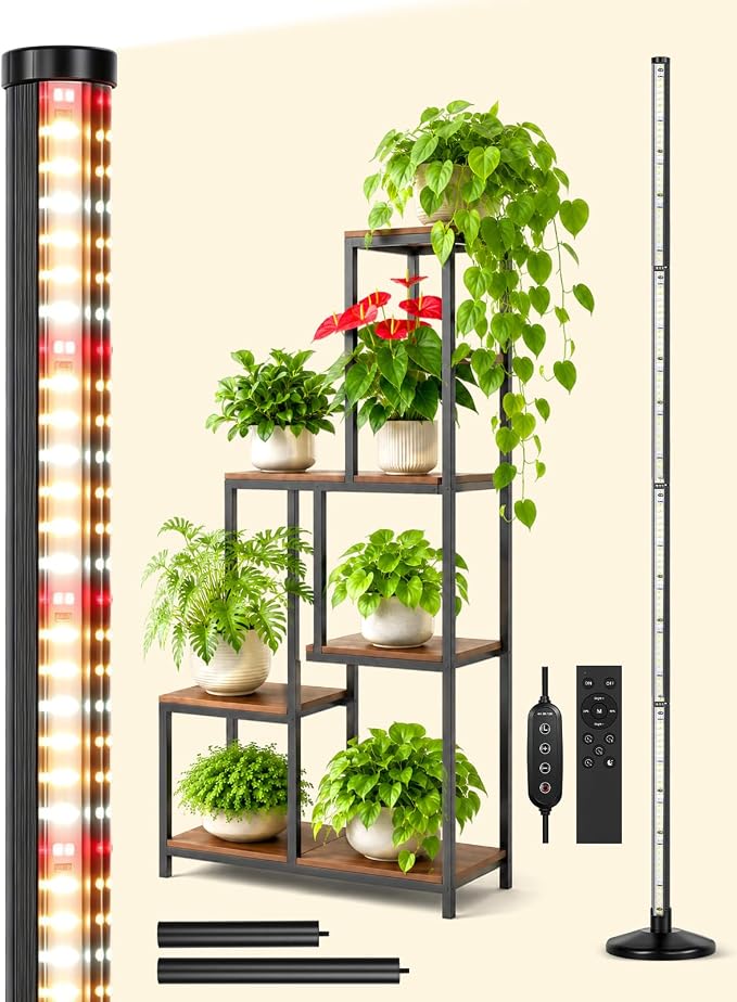 OUTON Standing Grow Lights for Indoor Plants, 48W Full Spectrum Plant Light | Vertical grow light with 280 LEDs, 6000K, 4/8/12H Timer, Remote Control, Adjustable 1.25-6.4 ft for Indoor Plant Growth
