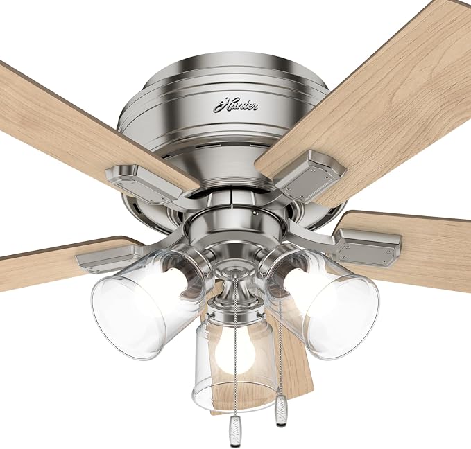 Hunter Crestfield, Indoor, Ceiling Fan, Quiet, 42 inch, Brushed Nickel | with LED Lights and Pull Chain, Low Profile Flush Mount, 5 Blades, For Bedroom, Living Room, Kitchen, 52154