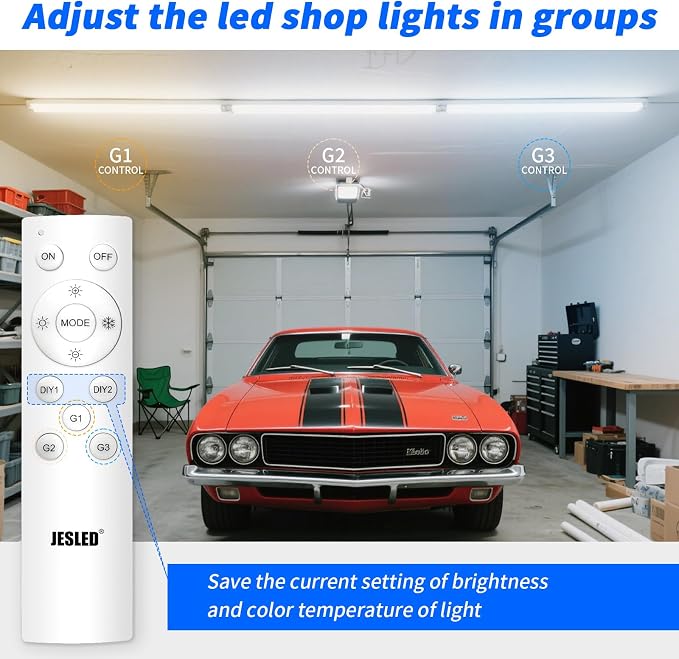 JESLED LED Shop Lights 4FT with Remote, 45W 5400LM Dimmable ETL 4 Pack | 3000K-7000K Adjustable Color Temperature, Linkable Garage Light for Workshop, Basement, Workbench