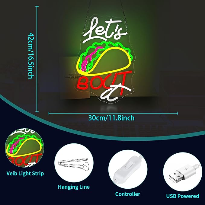 Neon Sign, HSJNJKFU Let's Bocit It, Tacos Food Neon Signs for Wall Decor Light Sign for Kitchen, Shop, Restaurant, Cafe, Bar LED Signs for Man Cave Room Decor - USB Powered