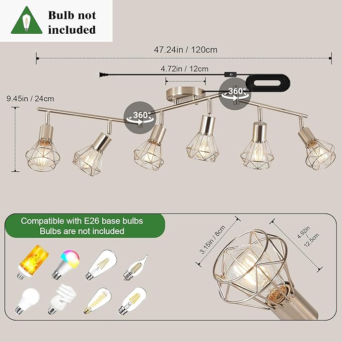 6 Light Plug in Ceiling Light Track Lighting Fixture,19.6tf Long Cord with On/Off Switch Modern Farmhouse Track Light Fixture for Livingroom Bedroom Kitchen E26 Base