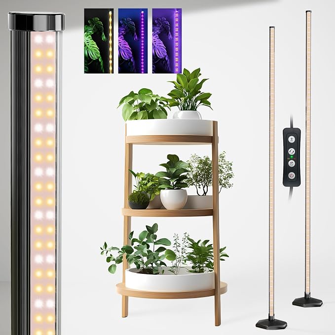 2PCS Grow Lights for Indoor Plants with Timer, 384 LEDs 42W Vertical Full Spectrum Grow Light 65 Inch Standing Grow Lights 3 Light Modes 5-Level Dimmable Wide Coverage